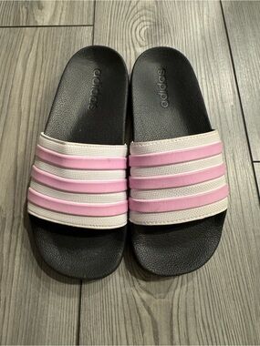 adidas Black Slides with Pink and White Stripes